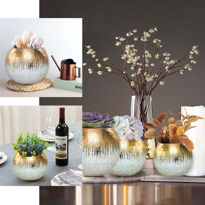 Gold foiled crackle glass bud vase centerpiece with round bubble bowl design.