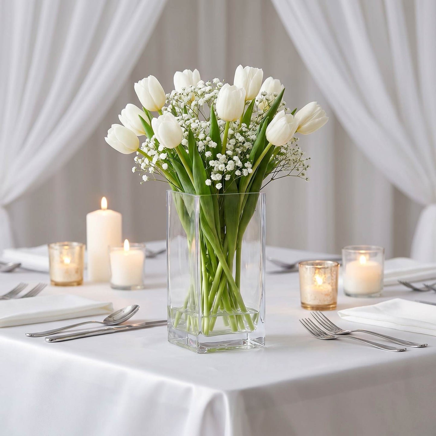 6 Pack Clear Glass Vases 8"x4" - Heavy Duty Square Flower Vase for Wedding Centerpieces & Floral Arr