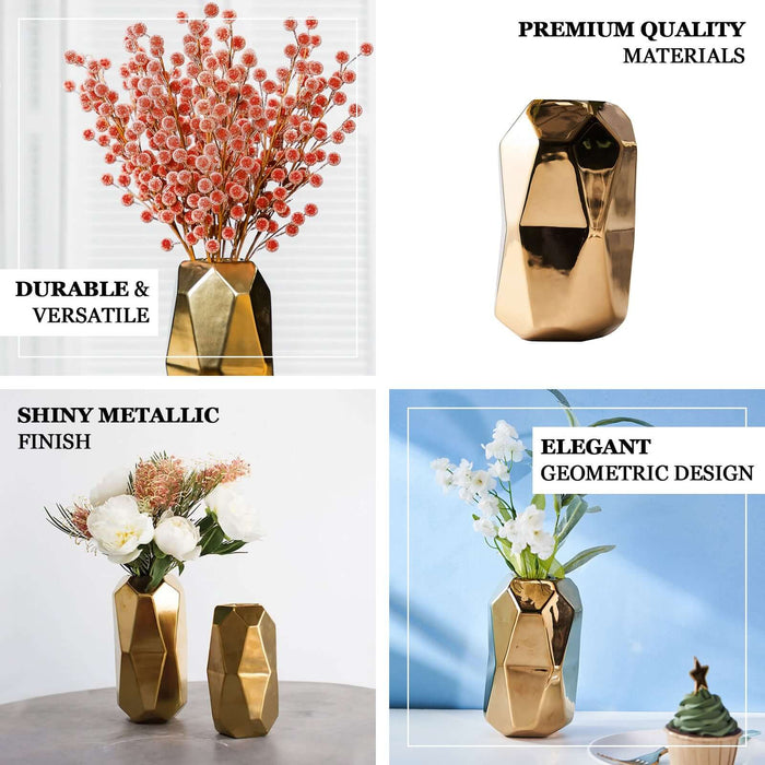 Gold metallic geometric cylinder vases in a modern design.