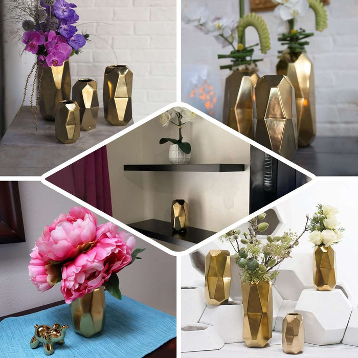 Gold metallic ceramic geometric vases, perfect for modern decor.