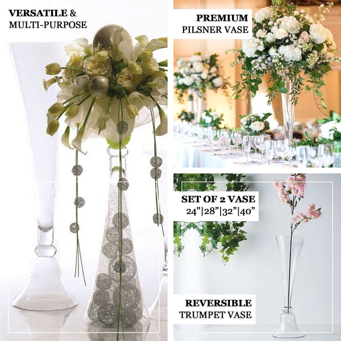 Set of 2 | 28" Clear Reversible Clarinet Glass Trumpet Vase, Tall Glass Vases