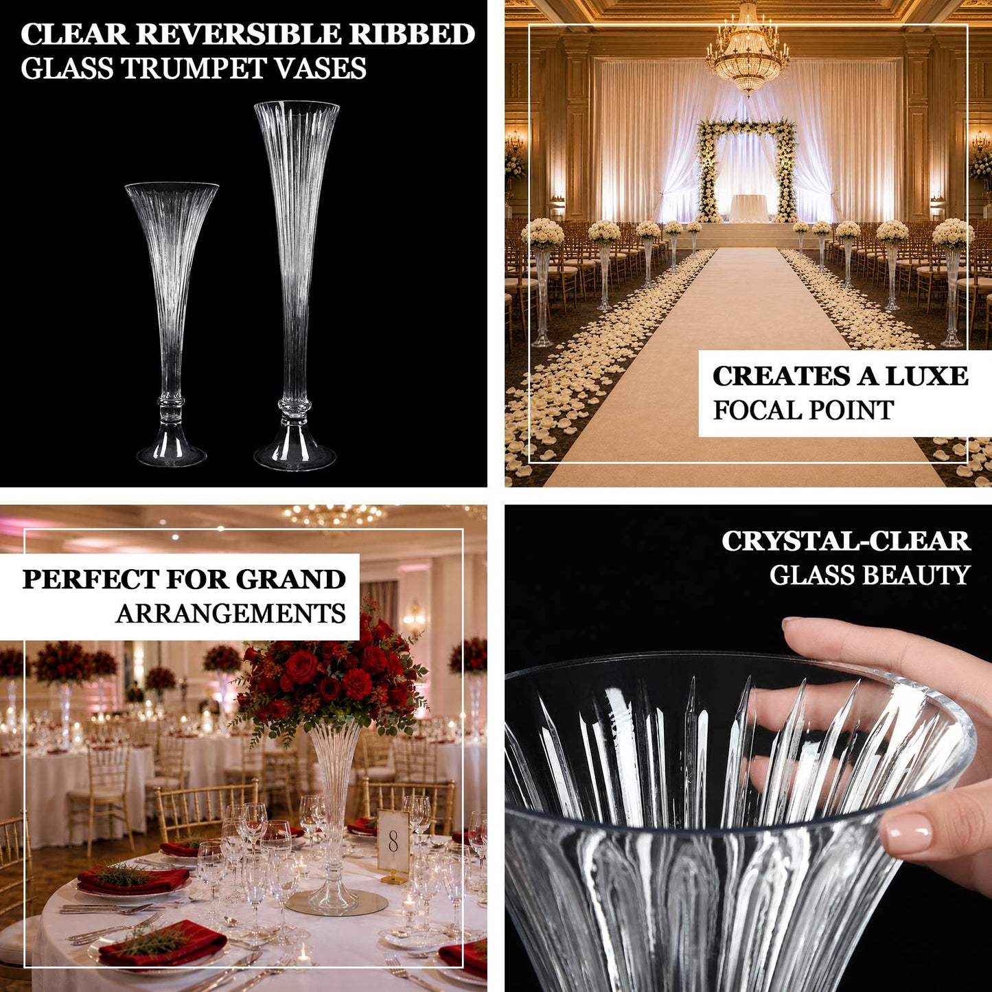 Tall fluted flower vase ideal for wedding centerpieces, banquet tables, and special event décor