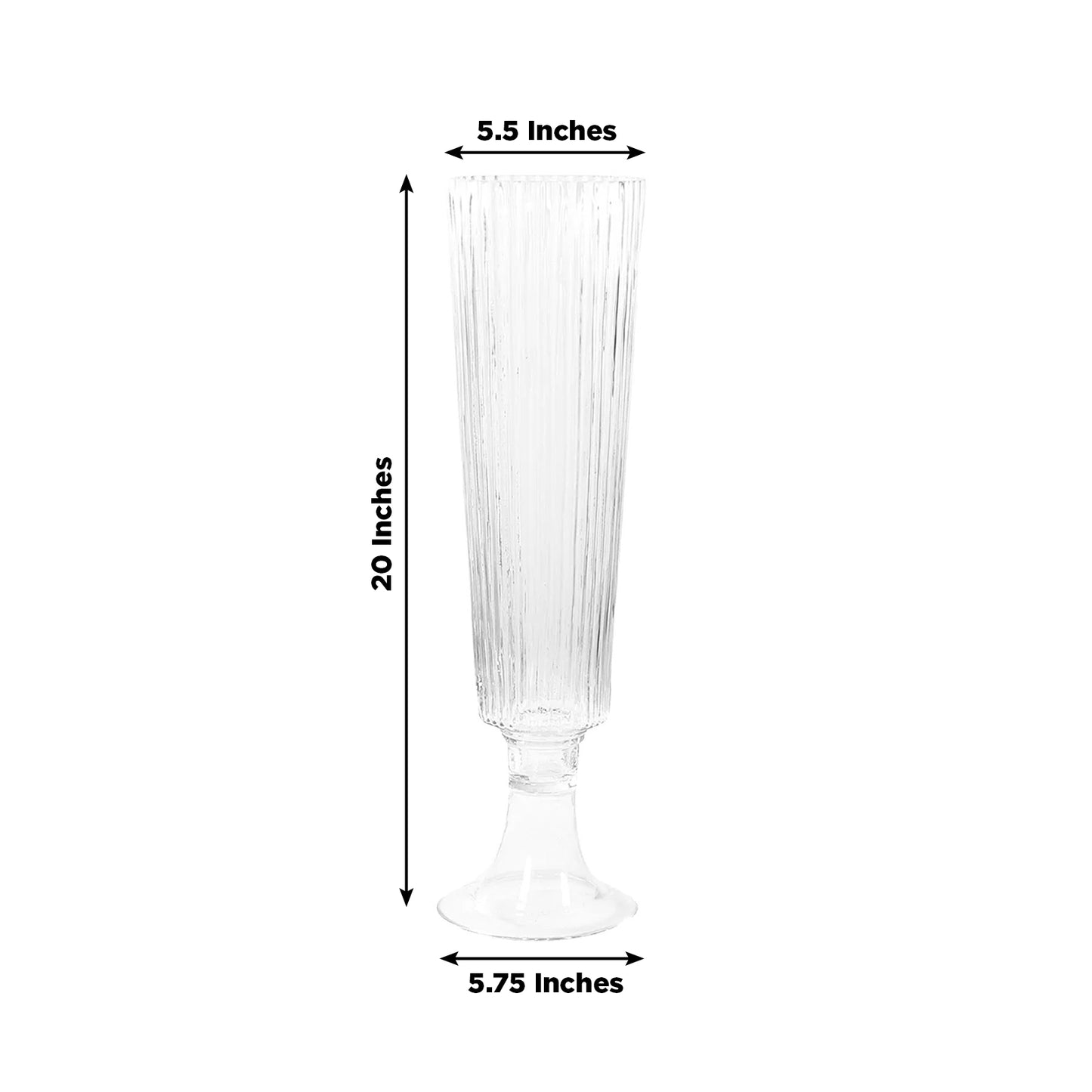 Clear ribbed glass trumpet vase, 20 inches tall, perfect for floral centerpieces.