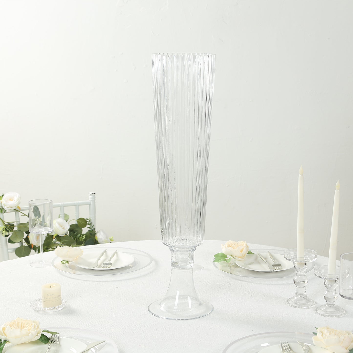 4 Pack 26" Tall Clear Ribbed Glass Trumpet Vases, Heavy Duty Flower Vases for Weddings and Centerpieces
