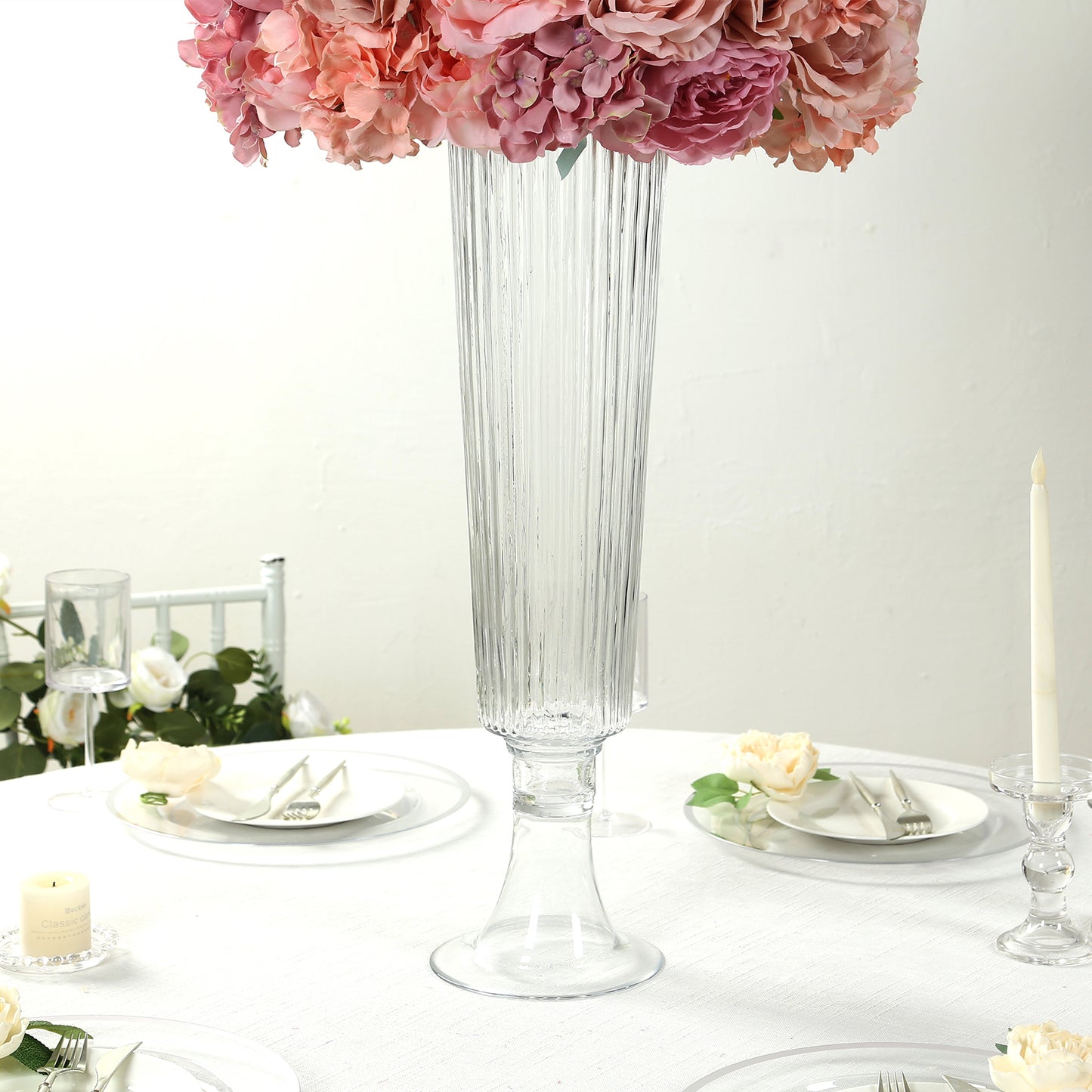 4 Pack 26" Tall Clear Ribbed Glass Trumpet Vases, Heavy Duty Flower Vases for Weddings and Centerpieces