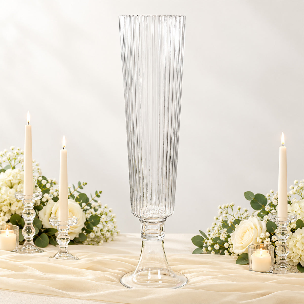 2 Pack Clear Ribbed Glass Trumpet Vases, 26" Tall - Wedding Floral Centerpiece