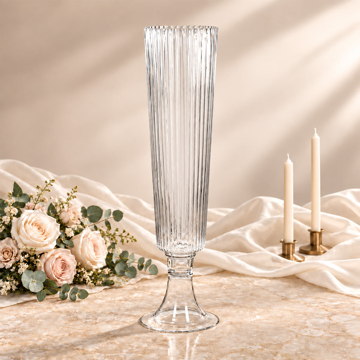 2 Pack Clear Ribbed Glass Trumpet Vases, 26" Tall - Wedding Floral Centerpiece