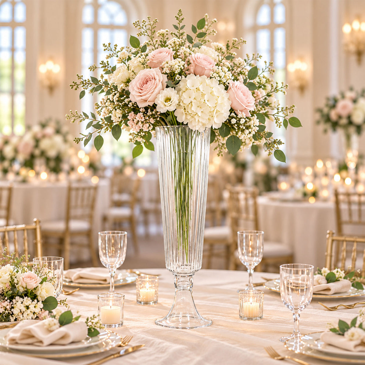 2 Pack Clear Ribbed Glass Trumpet Vases, 26" Tall - Wedding Floral Centerpiece