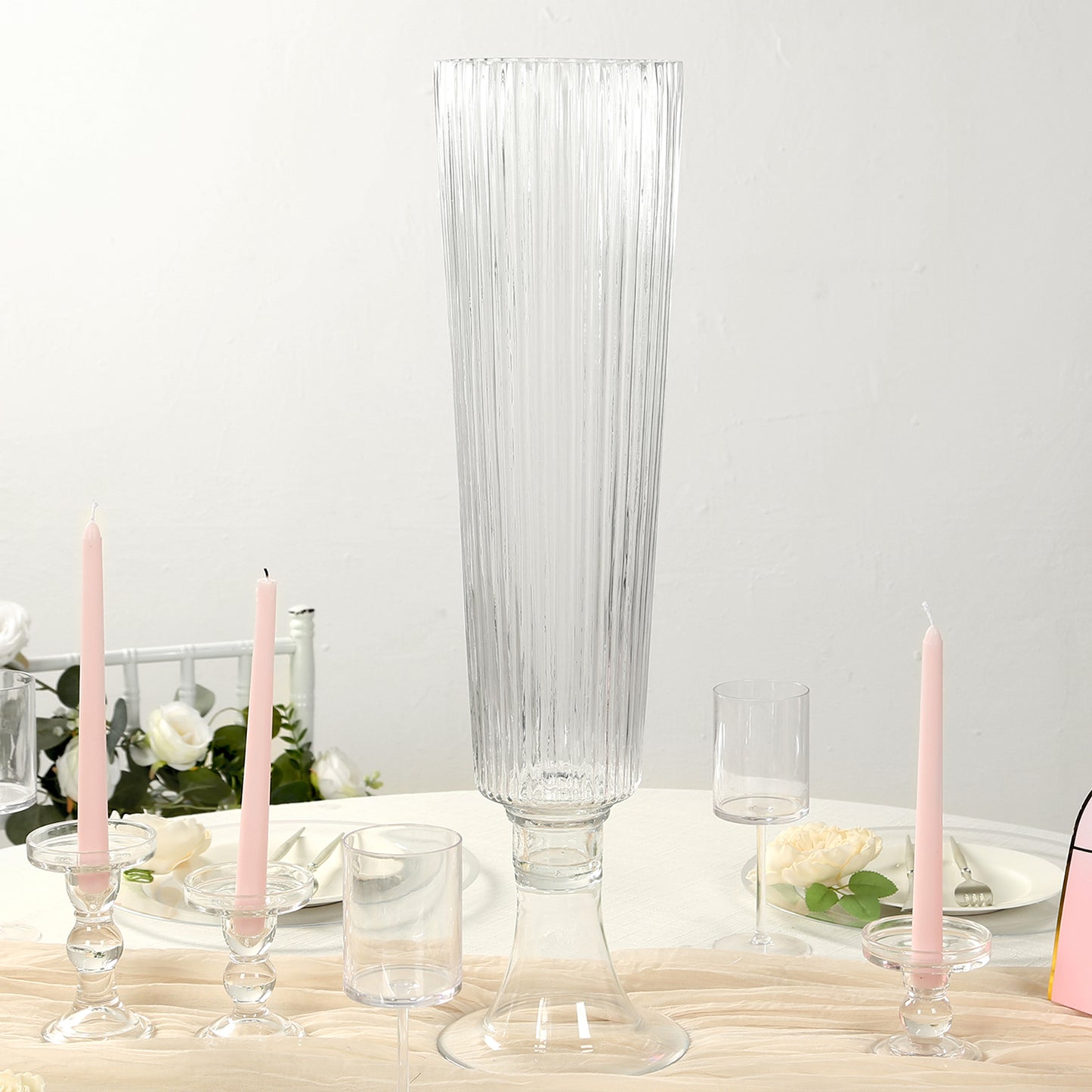 4 Pack 26" Tall Clear Ribbed Glass Trumpet Vases, Heavy Duty Flower Vases for Weddings and Centerpieces