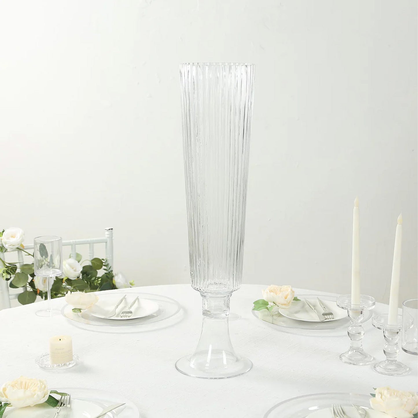 2-Pack Glass Trumpet Vases Ribbed Design Clear - Durable Flower Centerpieces for Events 32"