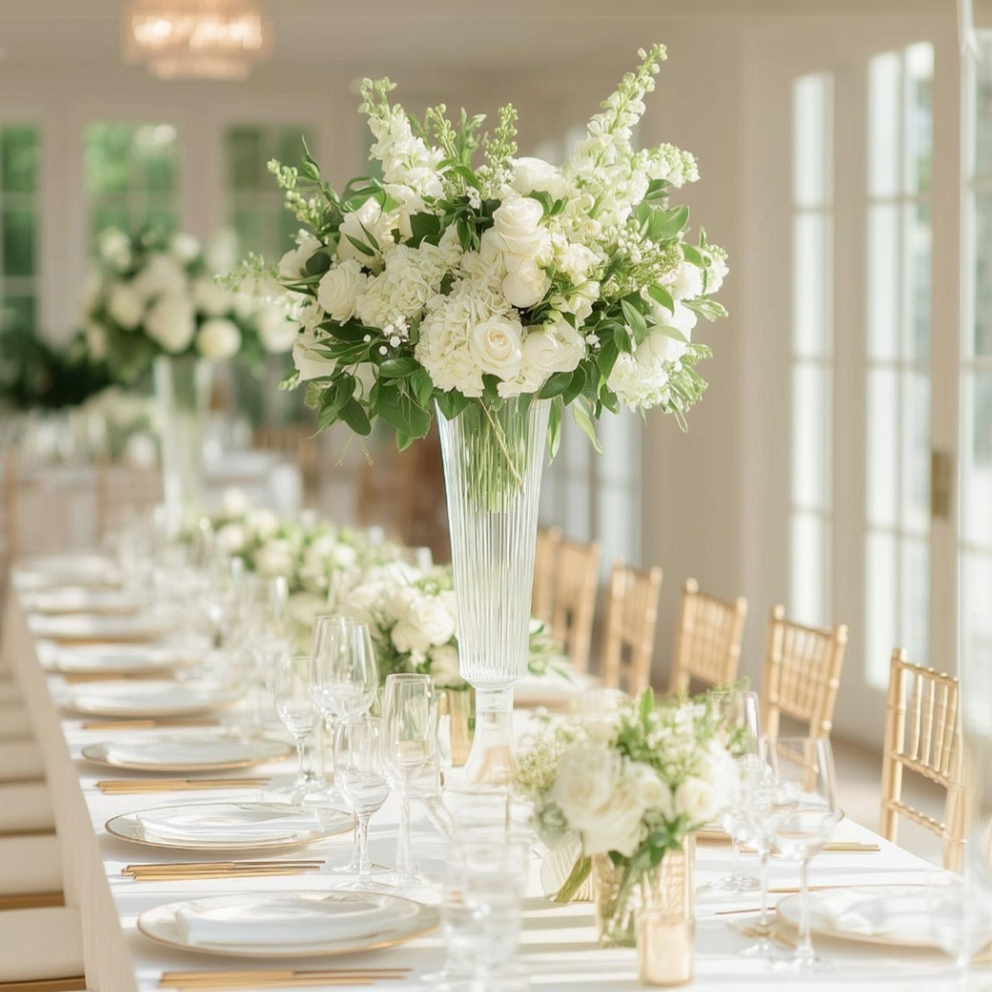 2-Pack Glass Trumpet Vases Ribbed Design Clear - Durable Flower Centerpieces for Events 32"