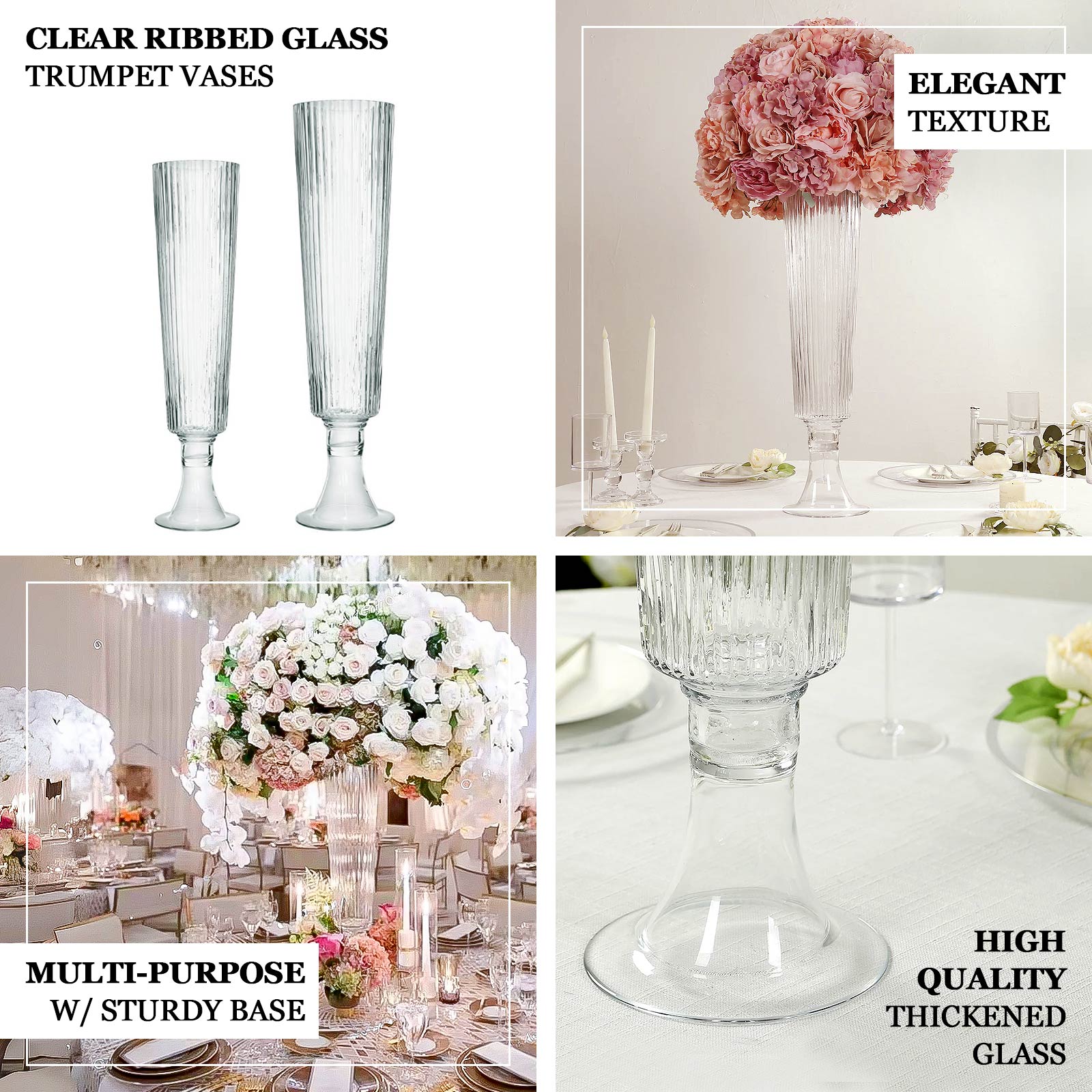 Clear ribbed glass trumpet vases for elegant flower centerpieces.