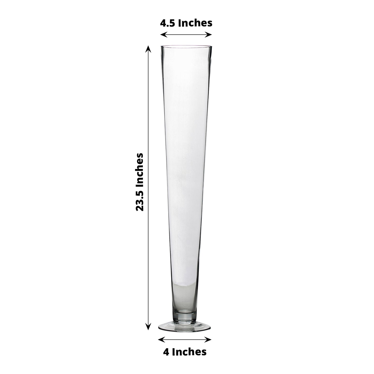 Clear heavy duty trumpet glass vase, 24 inches tall, perfect for floral arrangements.