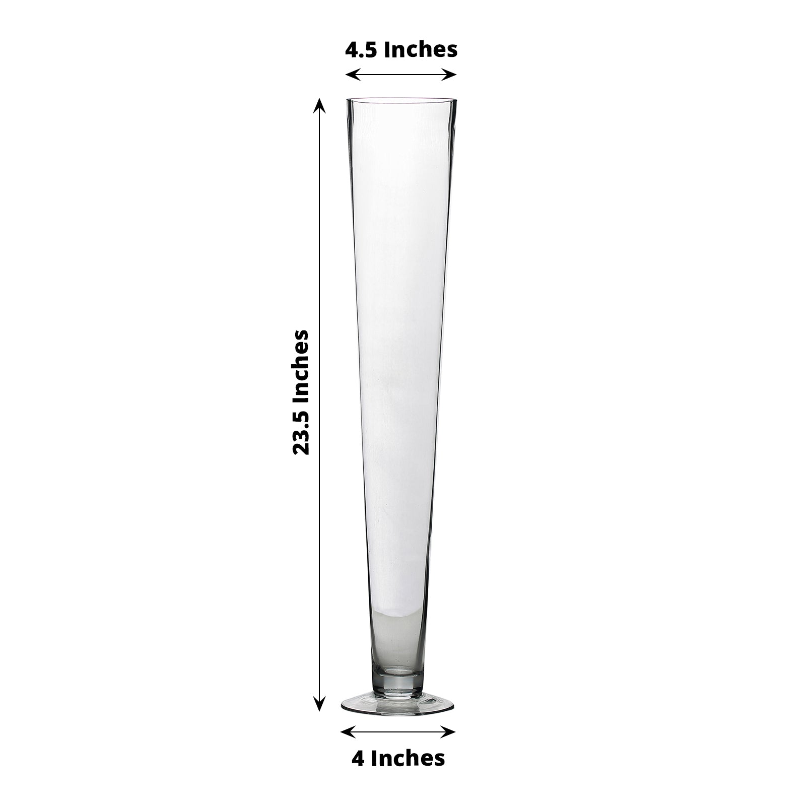 Clear heavy duty trumpet glass vase, 24 inches tall, perfect for floral arrangements.