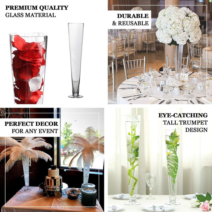 Clear heavy duty trumpet glass vase, perfect for elegant decor and events.