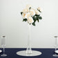 Clear glass Eiffel Tower vase with white roses, 16" tall centerpiece.