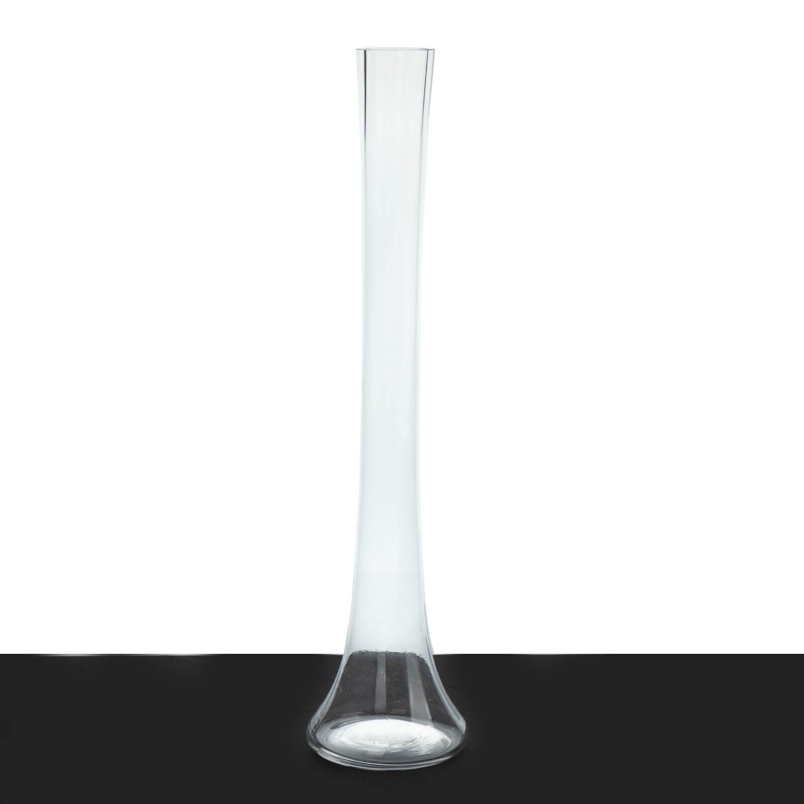 Clear 20" tall glass Eiffel Tower vase with round base, perfect for flower centerpieces.