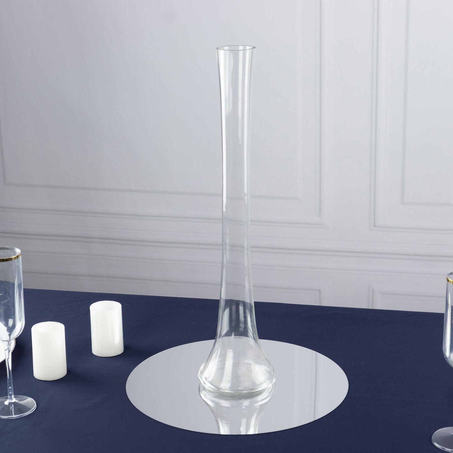 Clear glass Eiffel Tower vase, 20" tall, perfect for flower centerpieces.