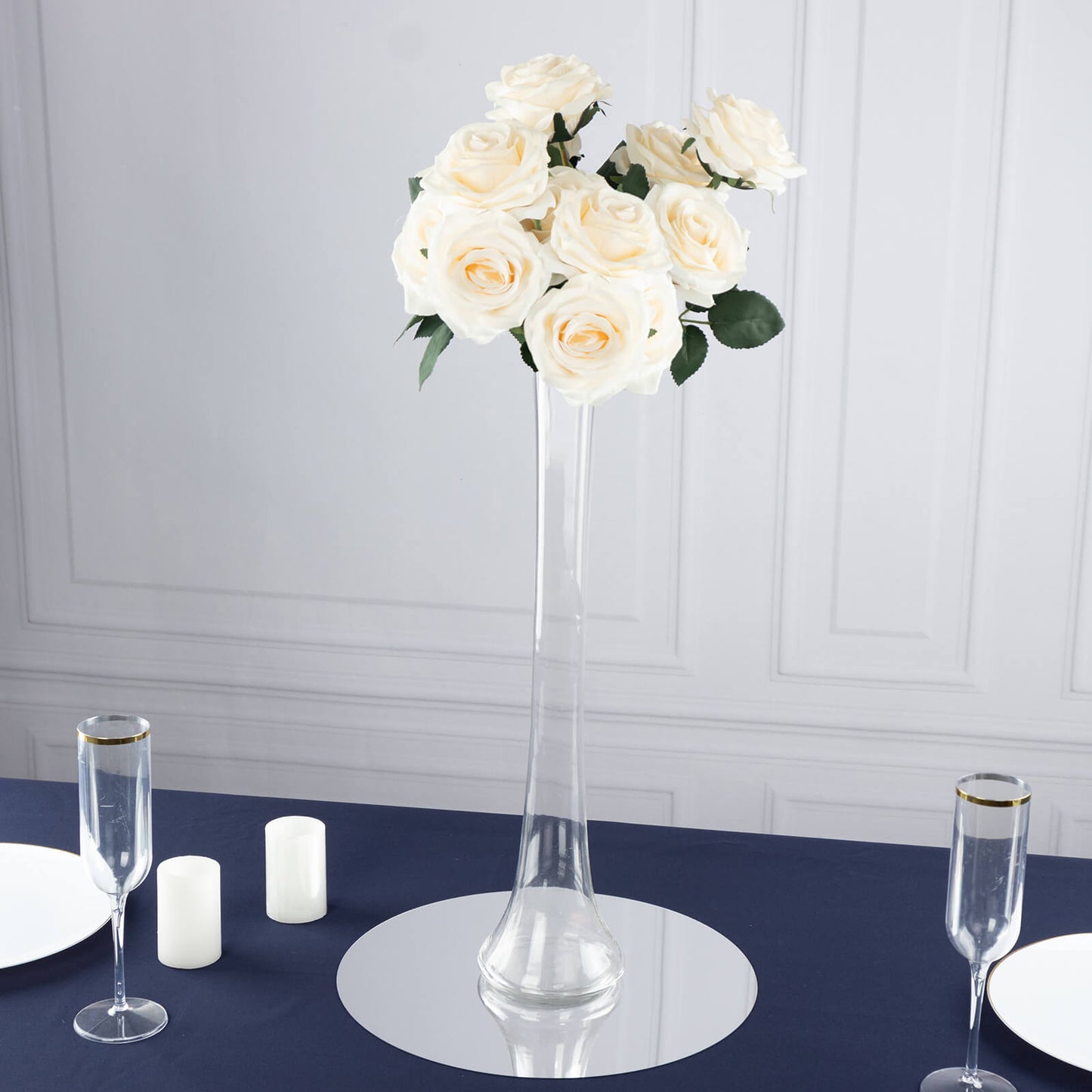 Clear heavy duty glass Eiffel Tower vase with round base, 20" tall, for flower arrangements.