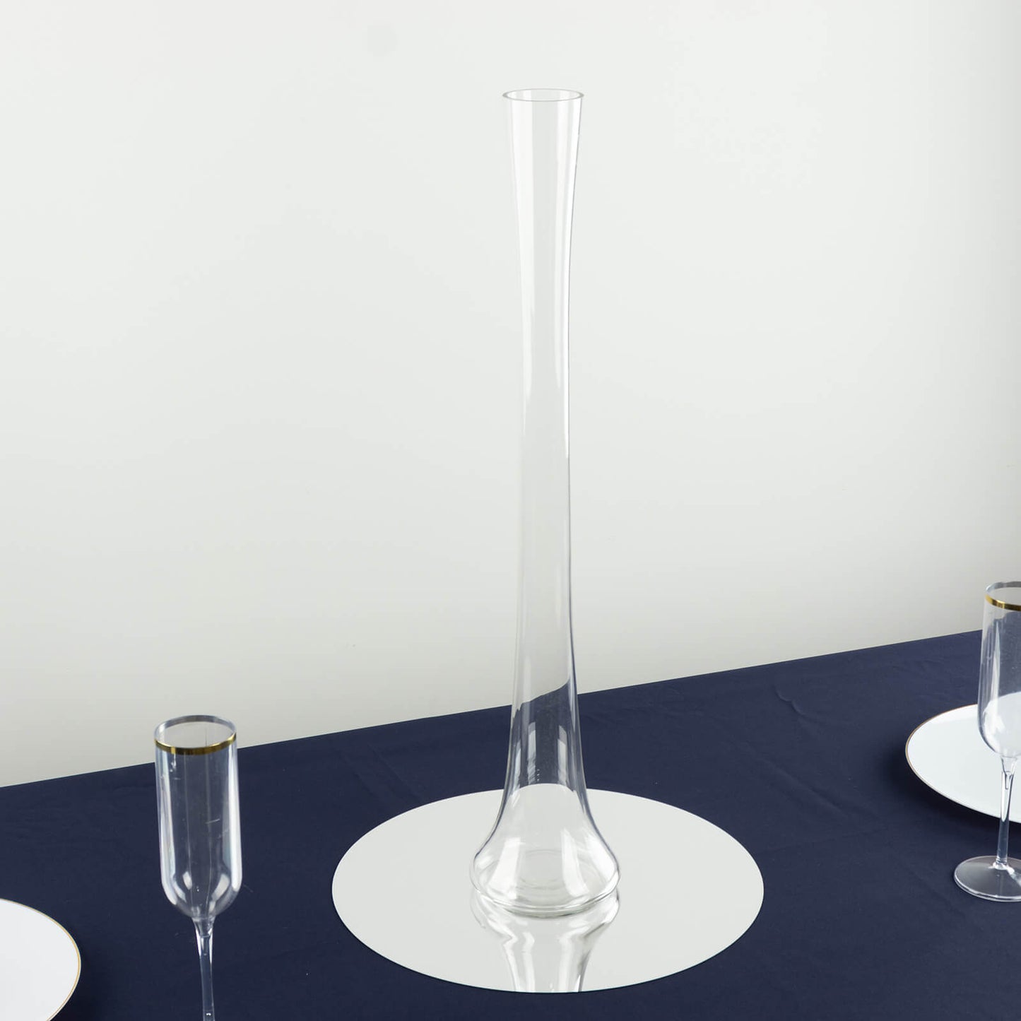 Clear heavy-duty glass Eiffel Tower vase, 24" tall, perfect for centerpieces.