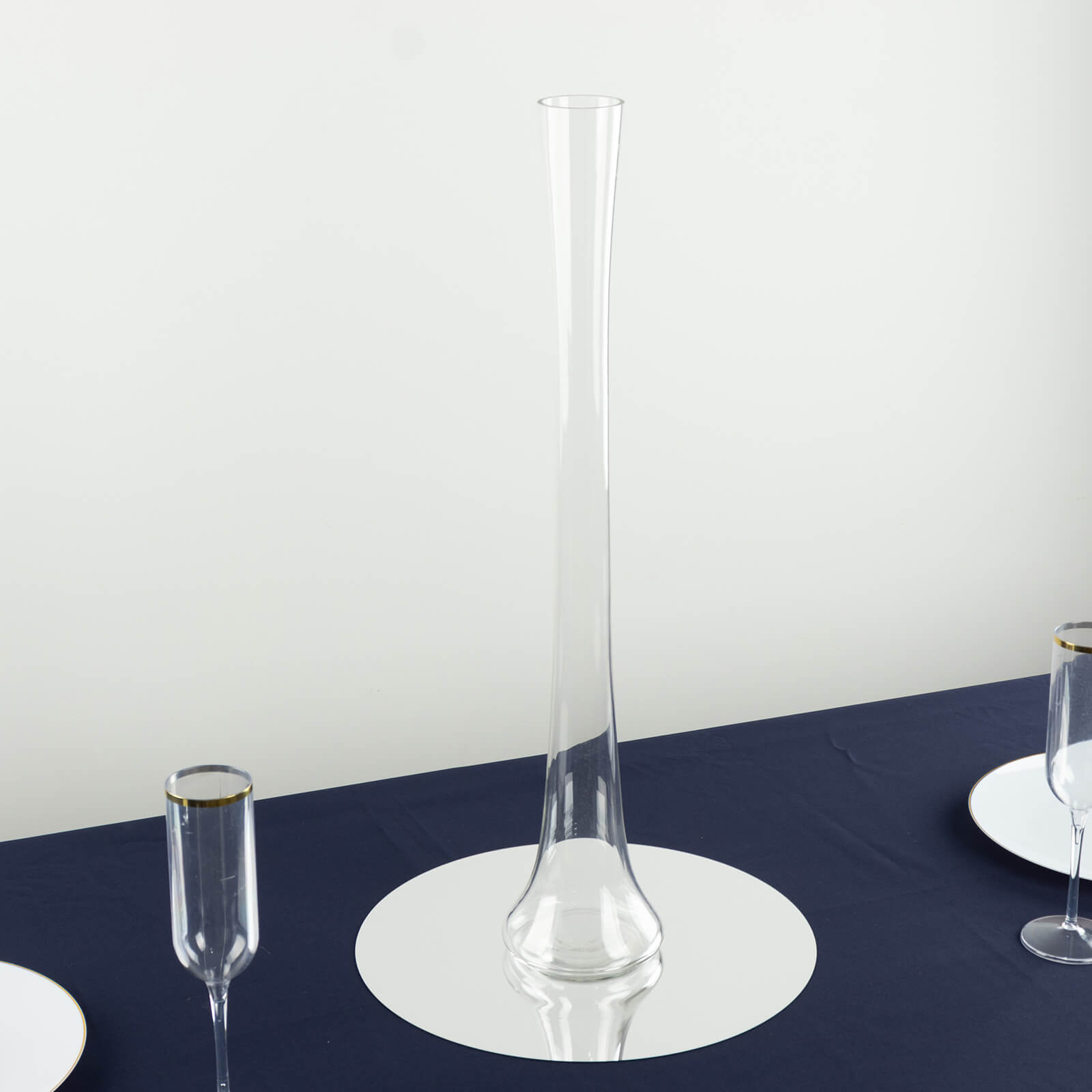 Clear heavy-duty glass Eiffel Tower vase, 24" tall, perfect for centerpieces.