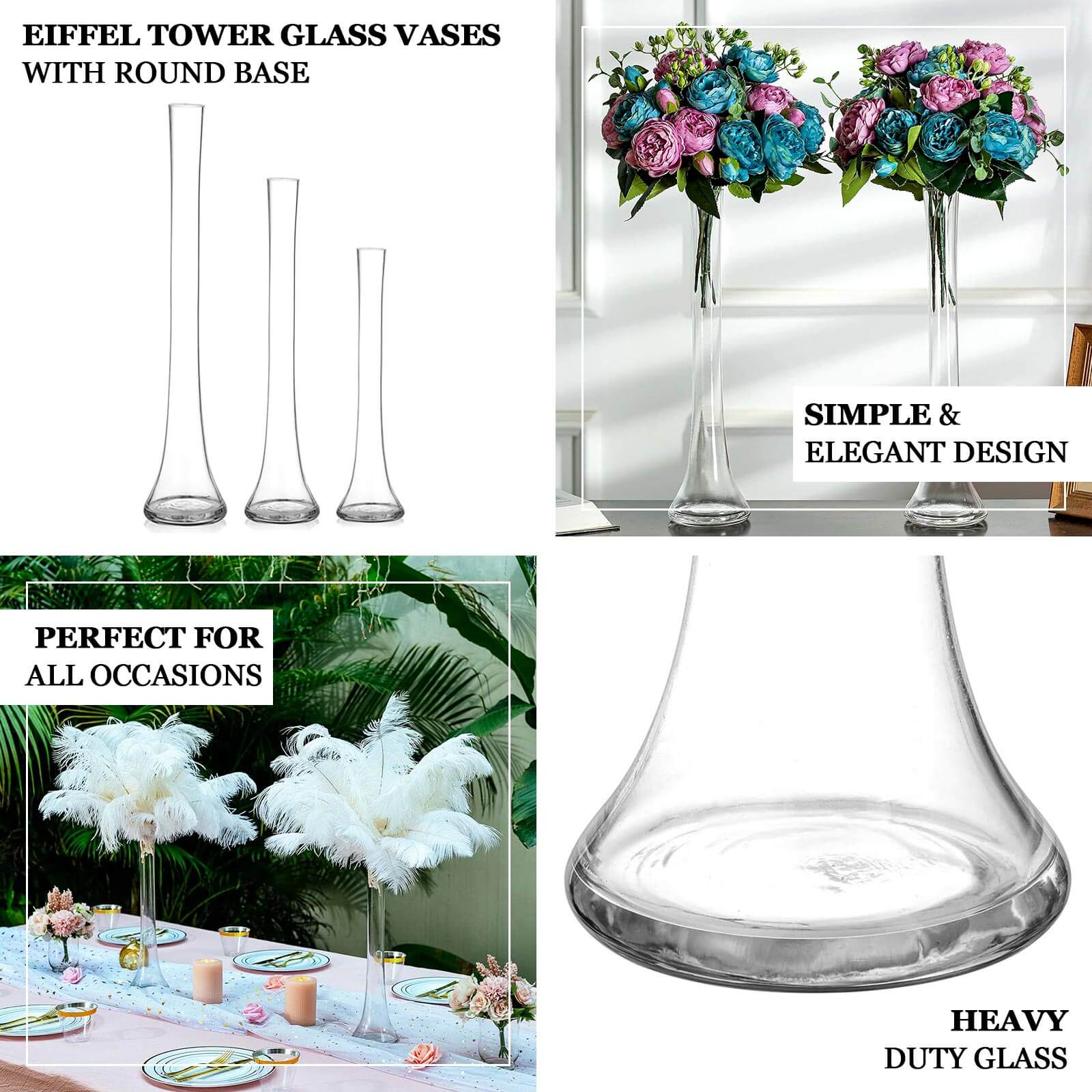 Clear heavy duty glass Eiffel Tower vases, 20" tall, perfect for flower centerpieces.