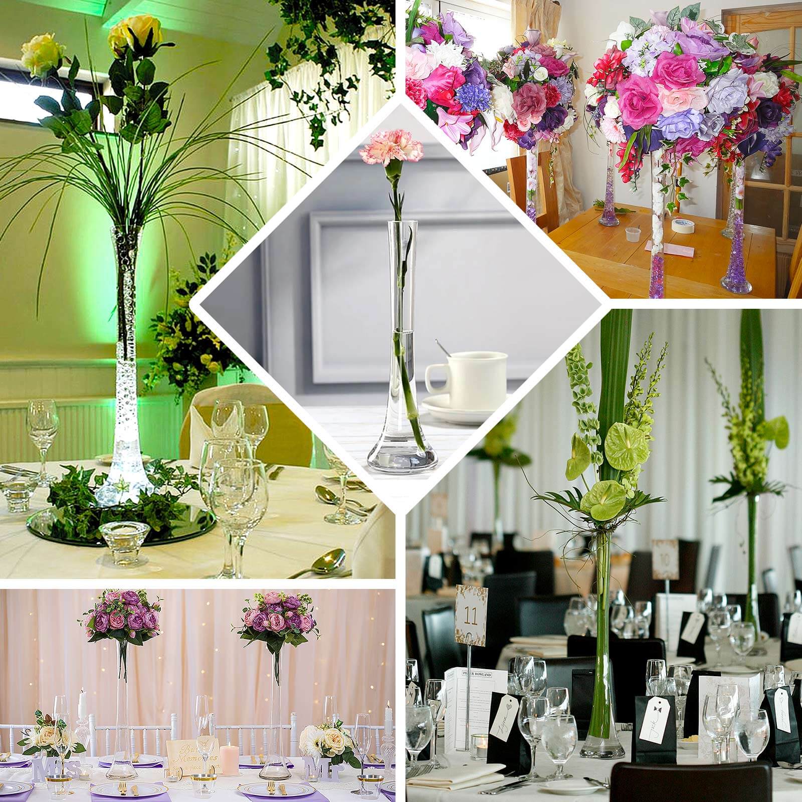 Clear glass Eiffel Tower vases, 16" tall, perfect for floral centerpieces.