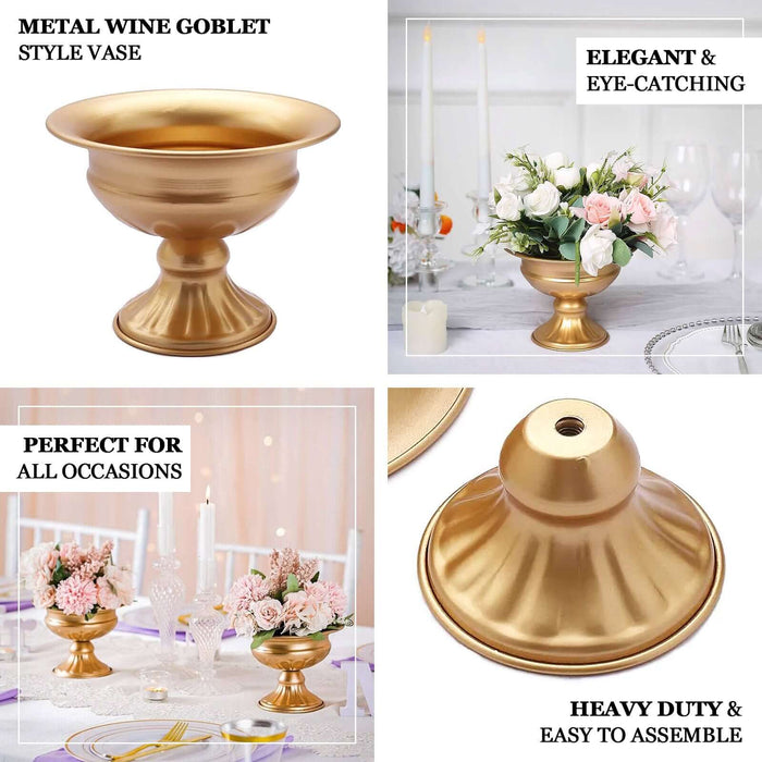Gold metal wine goblet style flower vase for elegant table decor.
