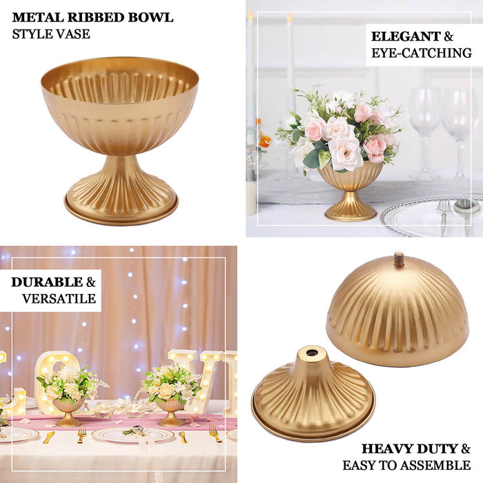 Gold metal ribbed bowl style pedestal vase for floral arrangements.