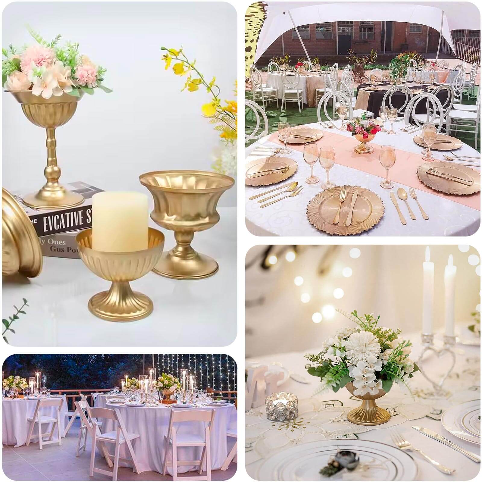 Gold metal ribbed pedestal vase, perfect for floral arrangements and table decor.