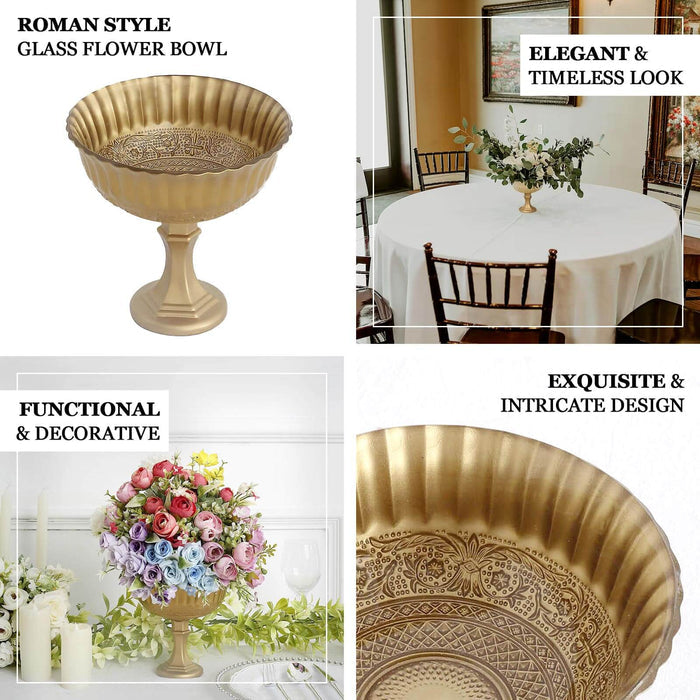 7" Gold Glass Roman Style Wedding Compote Floral Bowl Centerpiece, Antique Flower Table Pedestal Vase