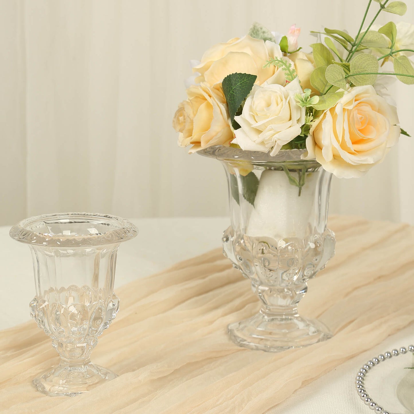 2 Pack Clear Glass Pedestal Flower Vases in Classic Roman Urn Style, 6" Mini Floral Vase Table Centerpieces