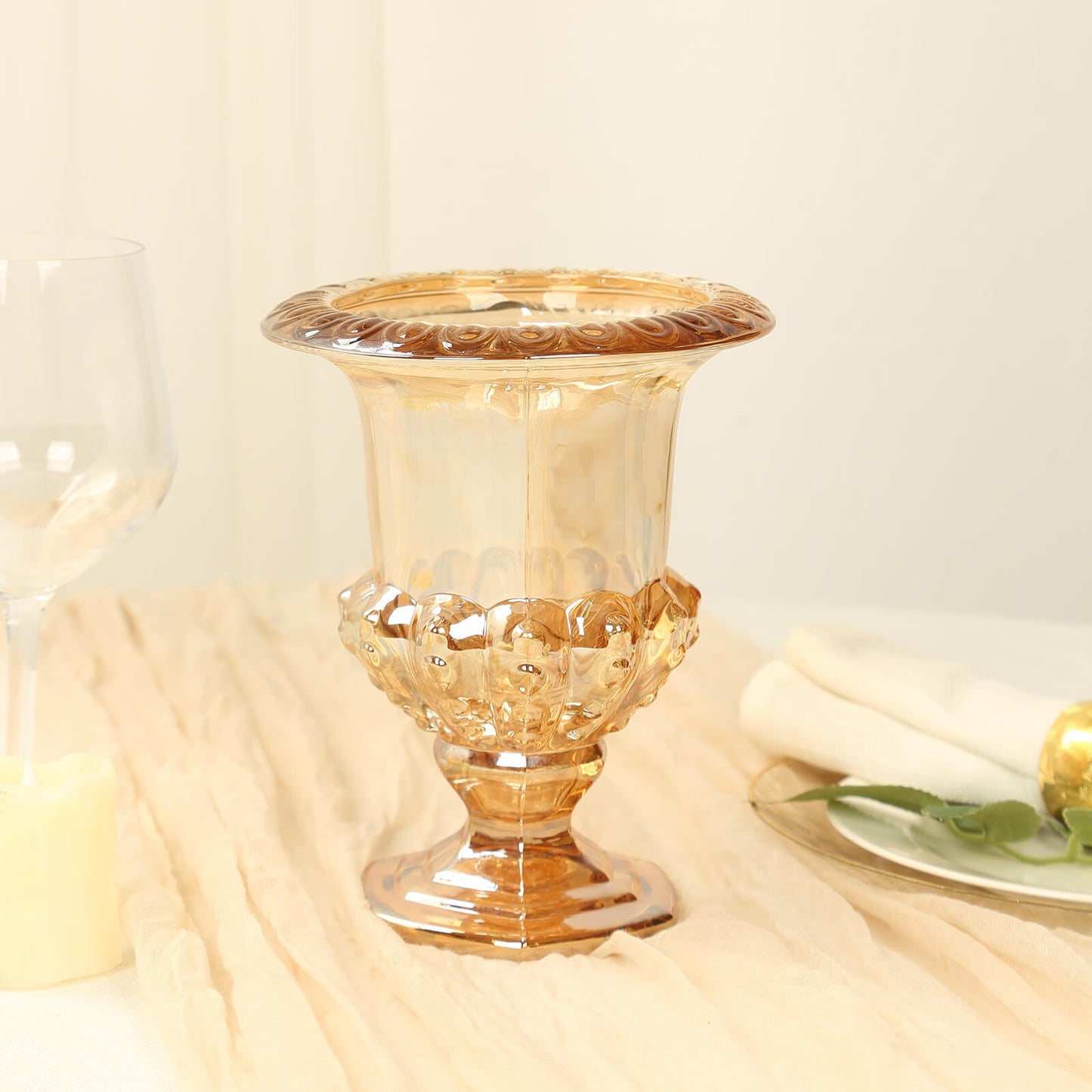 2 Pack Amber Gold Glass Pedestal Flower Vases in Classic Roman Urn Style, 8" Mini Floral Vase Table Centerpieces
