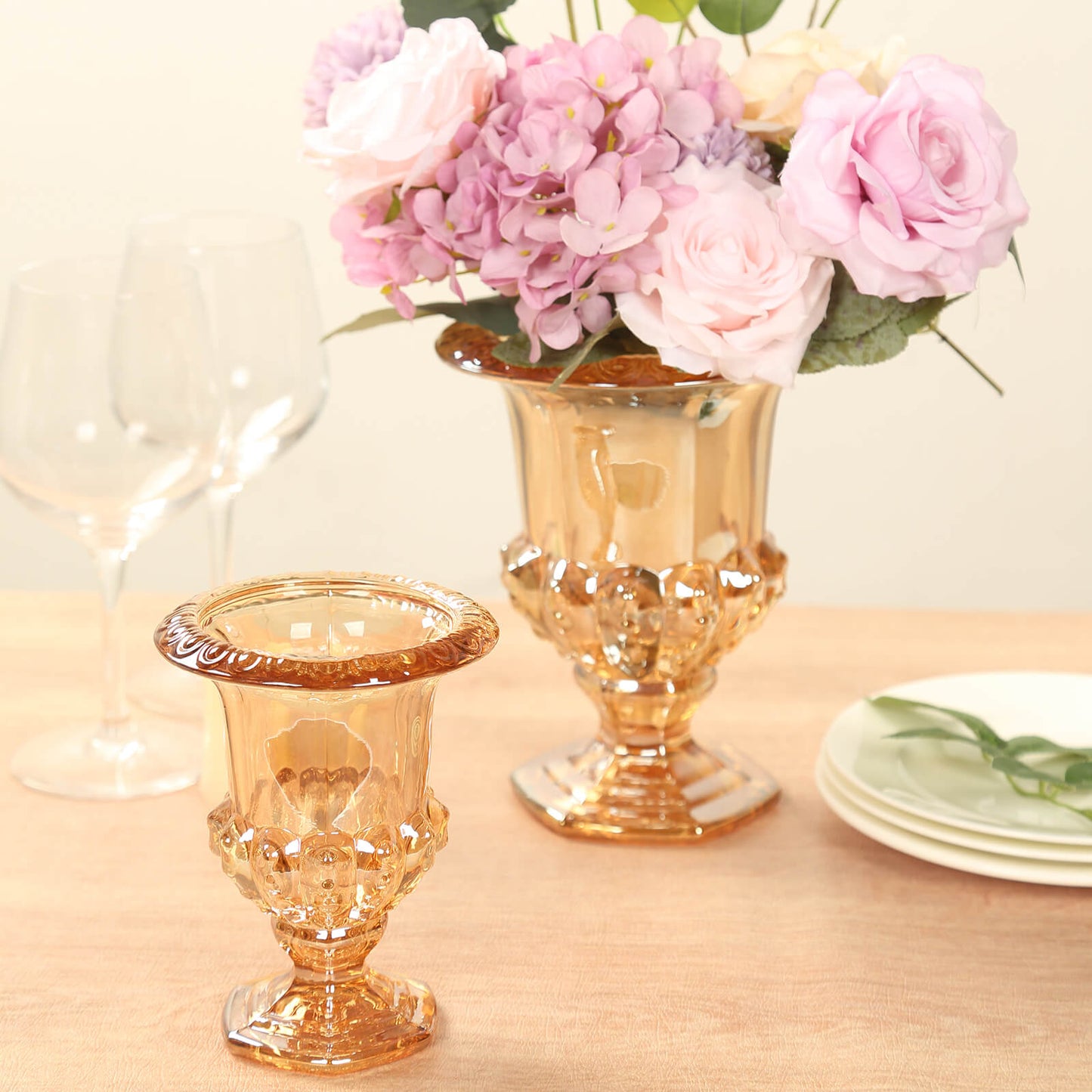 2 Pack Amber Gold Glass Pedestal Flower Vases in Classic Roman Urn Style, 8" Mini Floral Vase Table Centerpieces