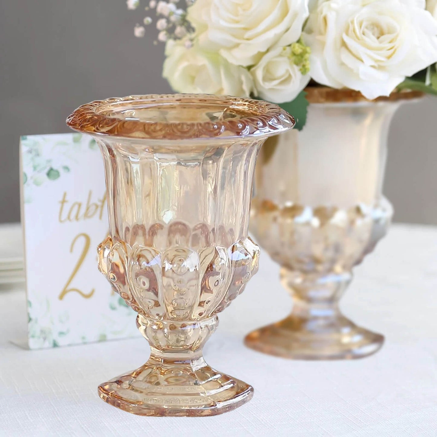 2 Pack Amber Gold Glass Pedestal Flower Vases in Classic Roman Urn Style, 8" Mini Floral Vase Table Centerpieces