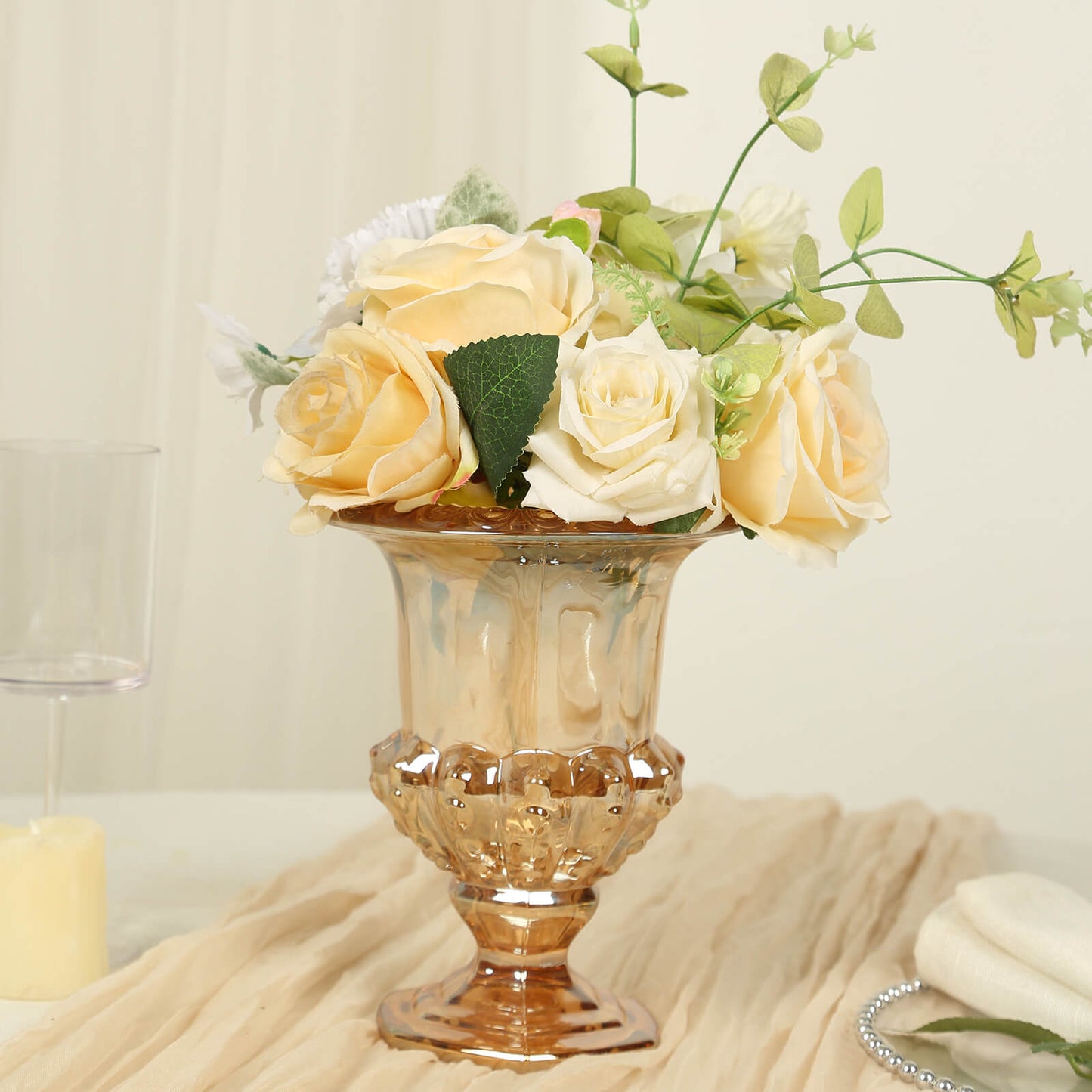 2 Pack Amber Gold Glass Pedestal Flower Vases in Classic Roman Urn Style, 8" Mini Floral Vase Table Centerpieces
