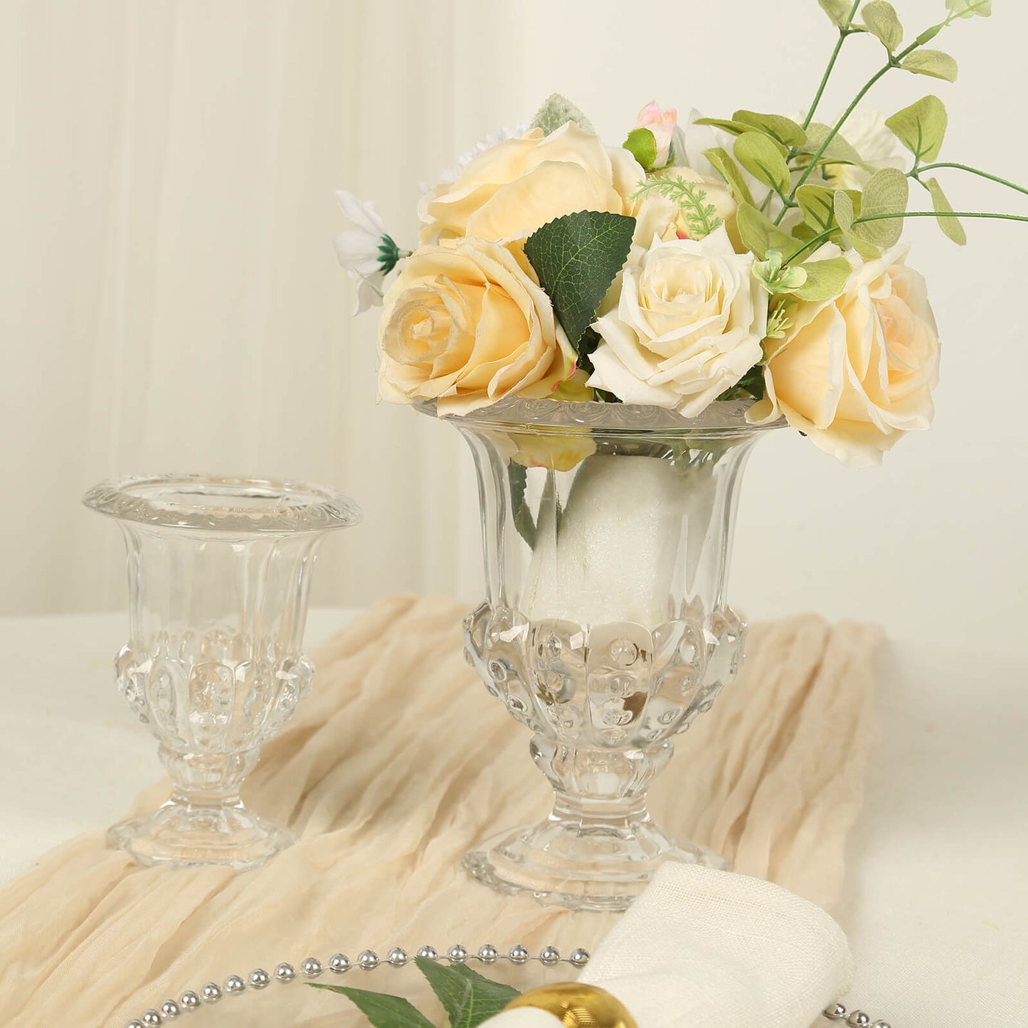 2 Pack Clear Glass Pedestal Flower Vases in Classic Roman Urn Style, 8" Mini Floral Vase Table Centerpieces
