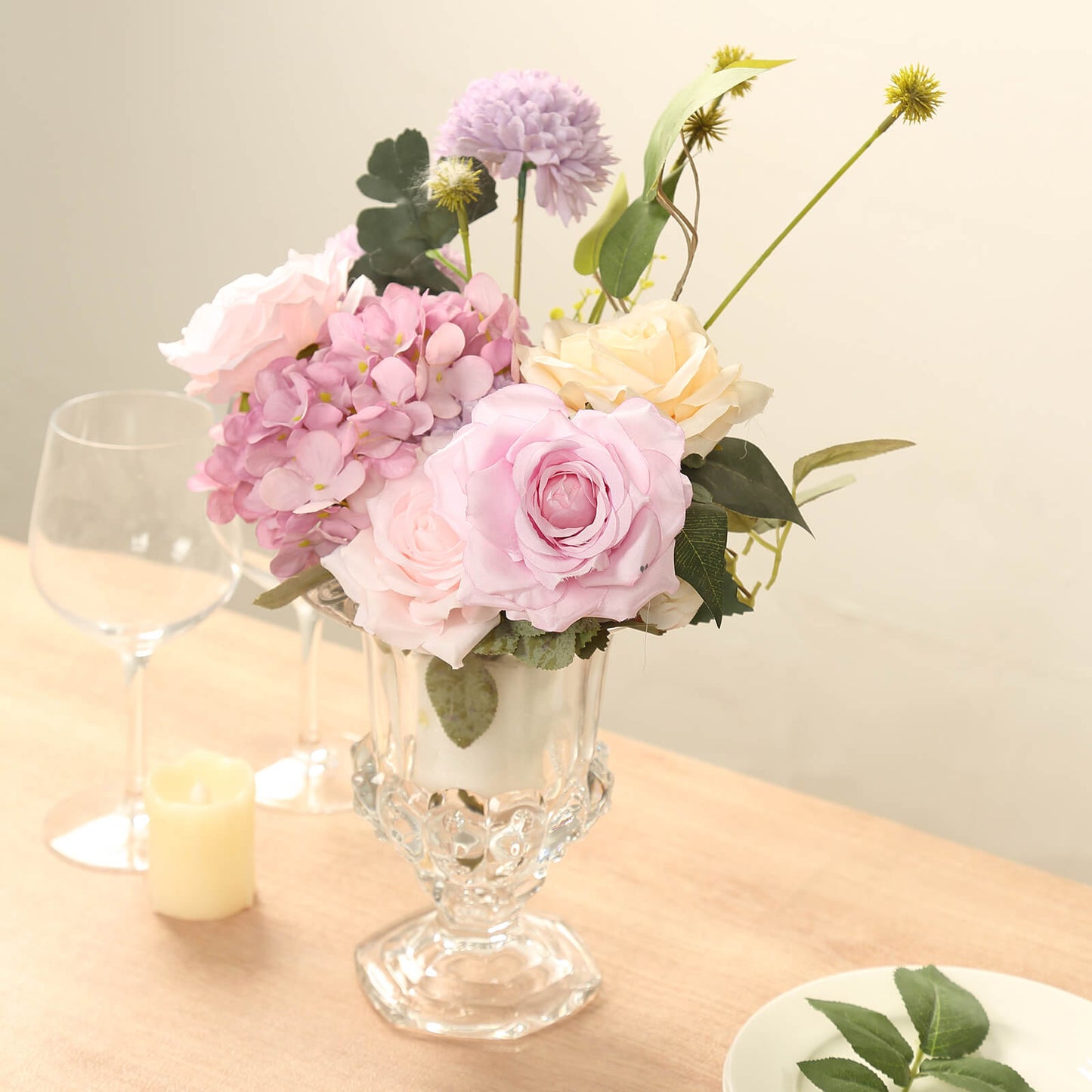 2 Pack Clear Glass Pedestal Flower Vases in Classic Roman Urn Style, 8" Mini Floral Vase Table Centerpieces