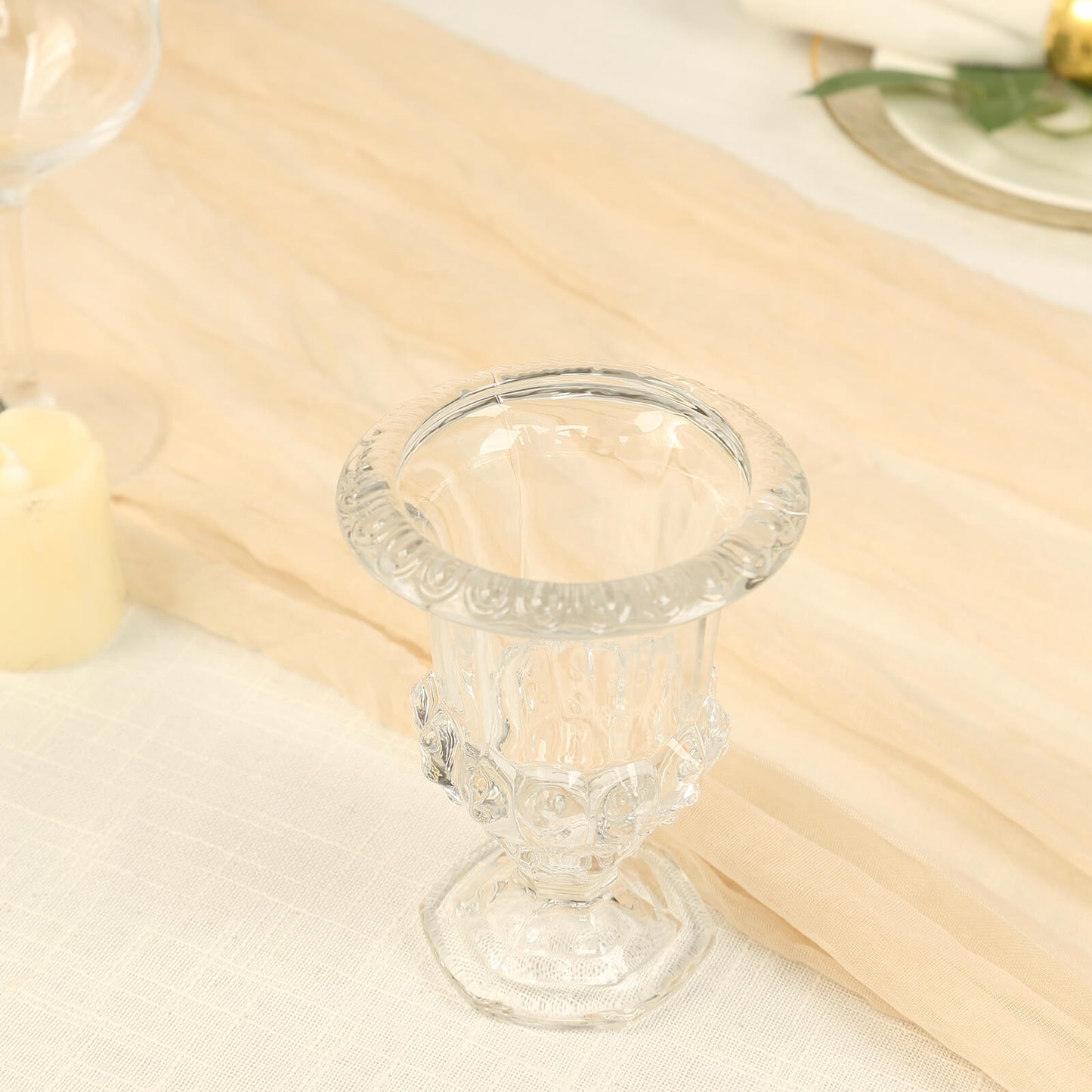 2 Pack Clear Glass Pedestal Flower Vases in Classic Roman Urn Style, 8" Mini Floral Vase Table Centerpieces