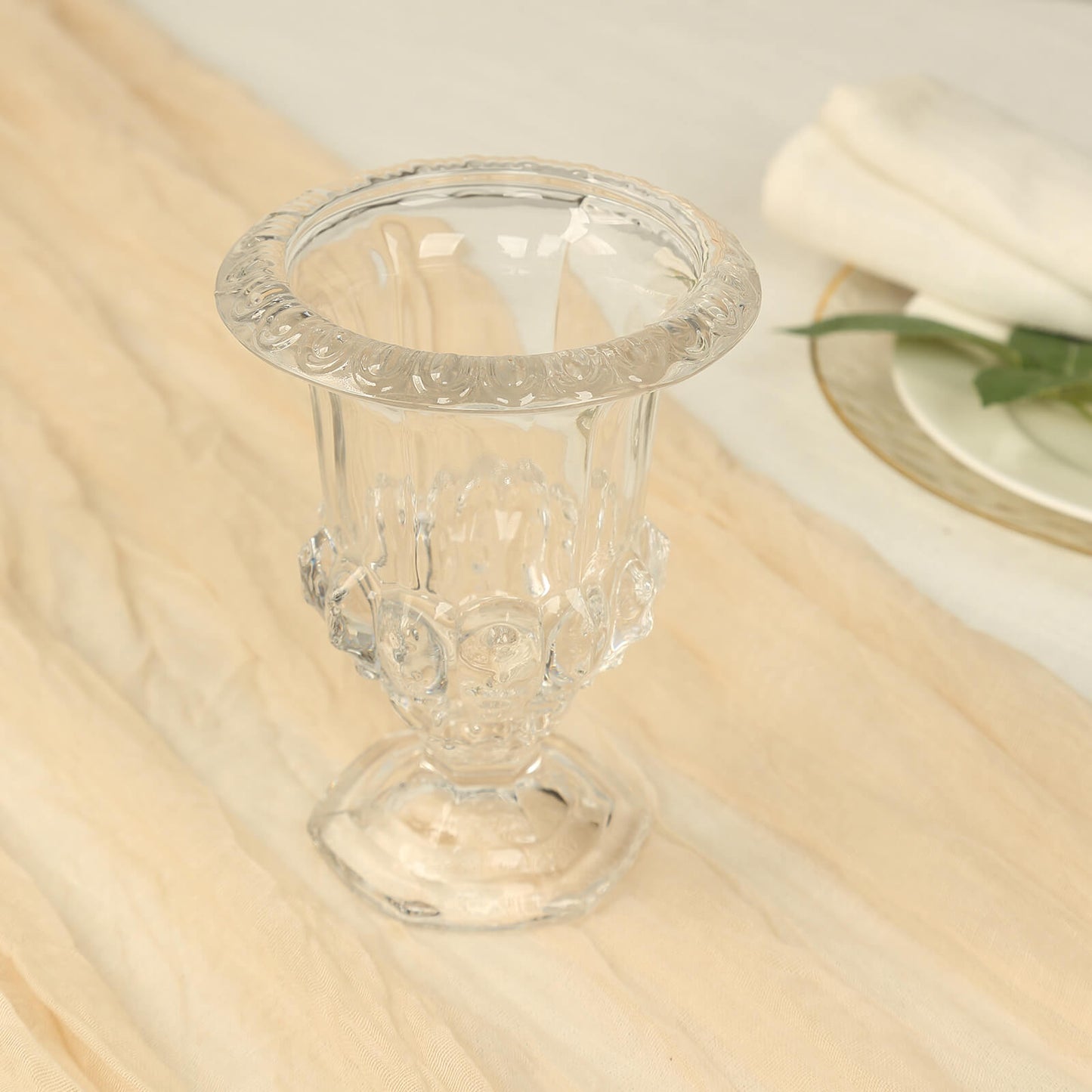 2 Pack Clear Glass Pedestal Flower Vases in Classic Roman Urn Style, 8" Mini Floral Vase Table Centerpieces