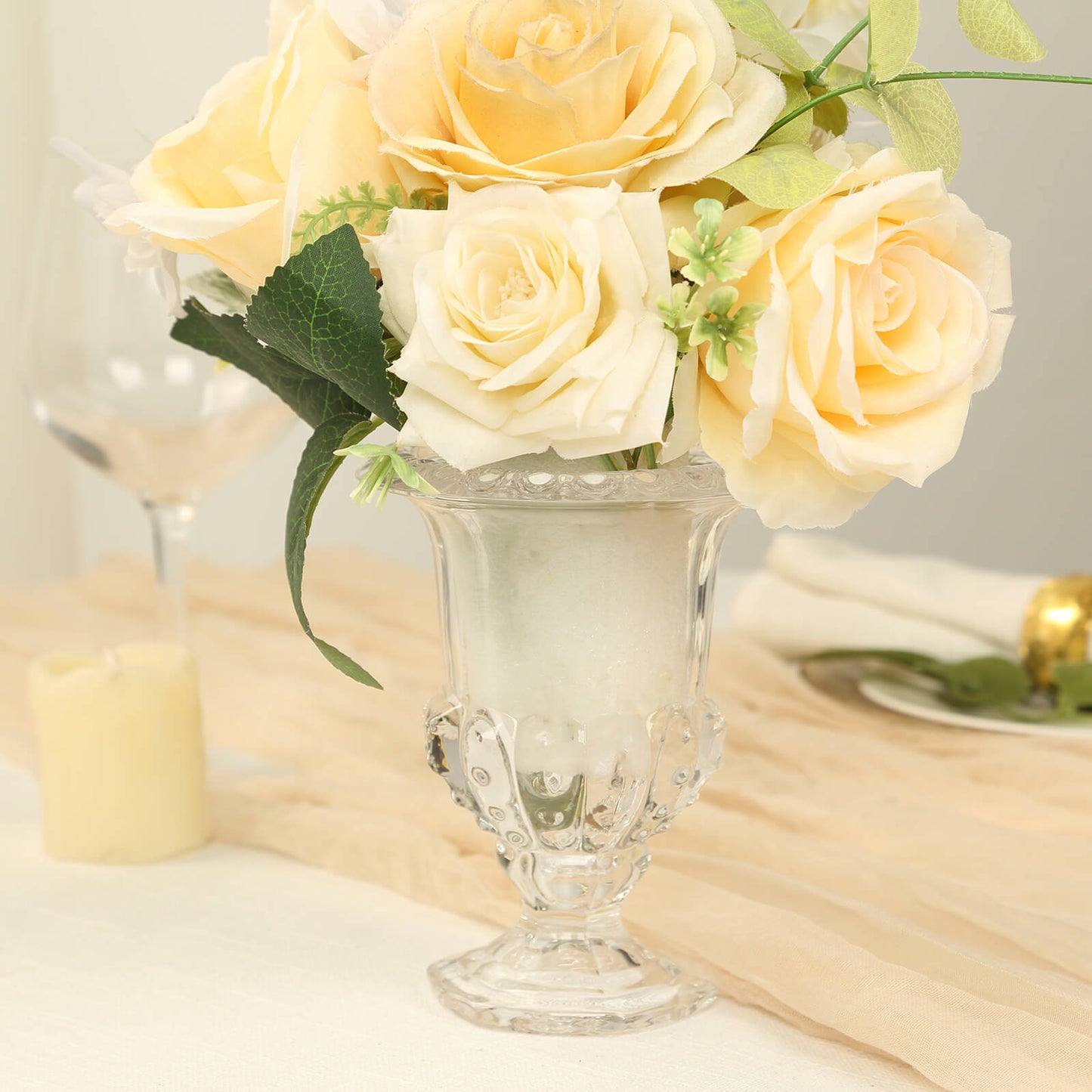 2 Pack Clear Glass Pedestal Flower Vases in Classic Roman Urn Style, 8" Mini Floral Vase Table Centerpieces