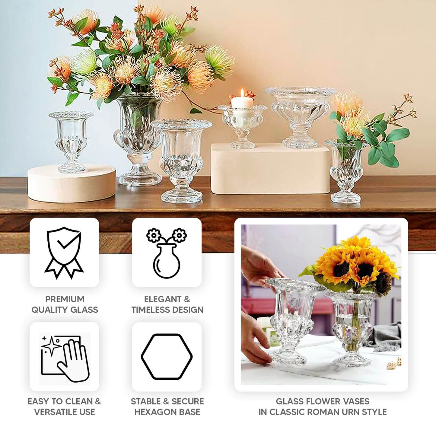 2 Pack Clear Glass Pedestal Flower Vases in Classic Roman Urn Style, 8" Mini Floral Vase Table Centerpieces