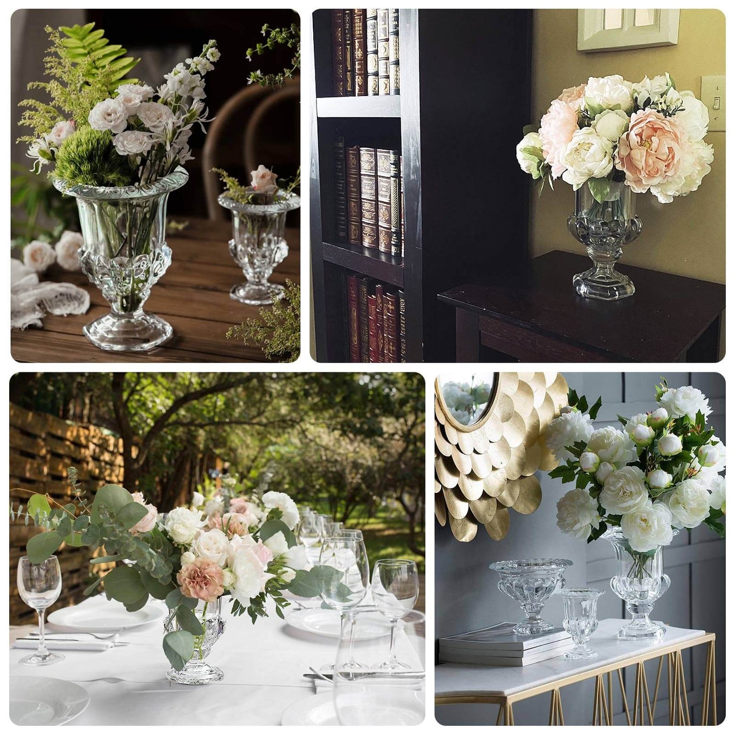 2 Pack Clear Glass Pedestal Flower Vases in Classic Roman Urn Style, 8" Mini Floral Vase Table Centerpieces