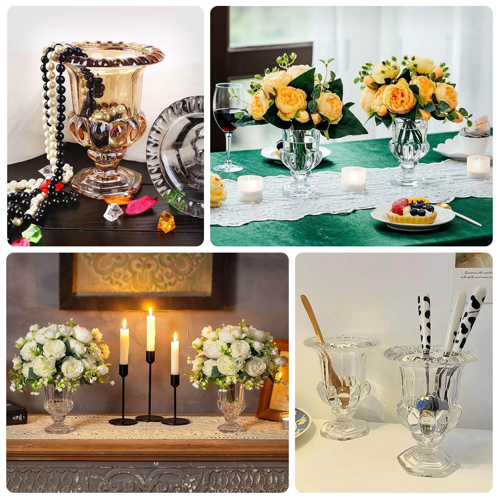 2 Pack Amber Gold Glass Pedestal Flower Vases in Classic Roman Urn Style, 6" Mini Floral Vase Table Centerpieces