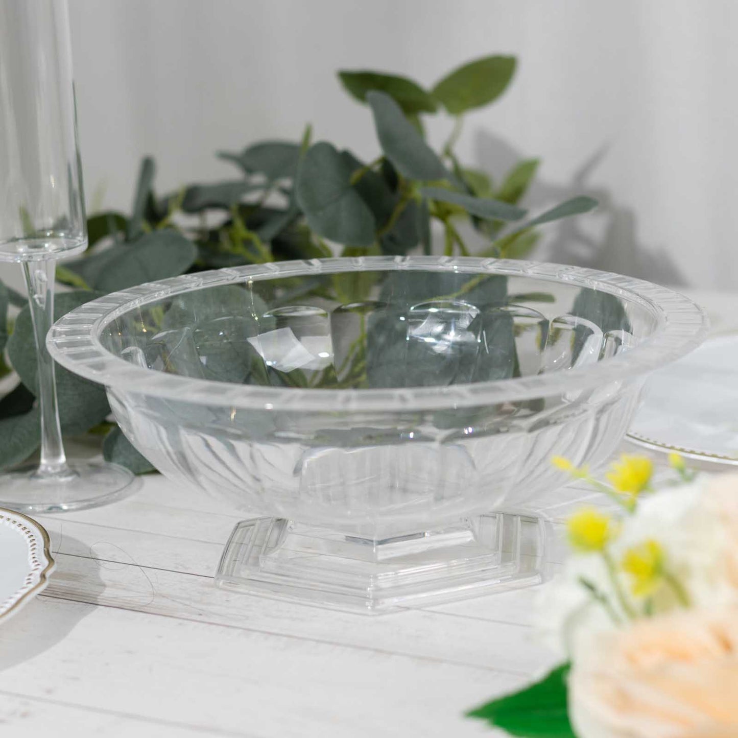 3 Pack Clear Roman Style Footed Compote Flower Bowl Vase, 10" Round Decorative Plastic Pedestal Vase Table Centerpiece