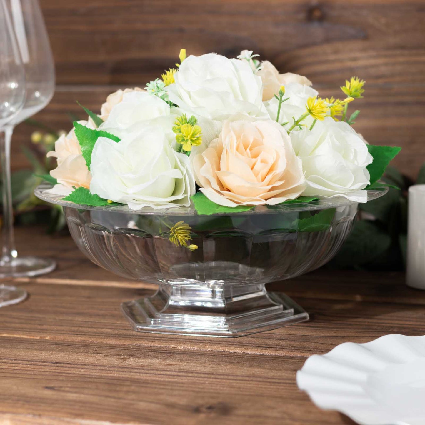 3 Pack Clear Roman Style Footed Compote Flower Bowl Vase, 10" Round Decorative Plastic Pedestal Vase Table Centerpiece