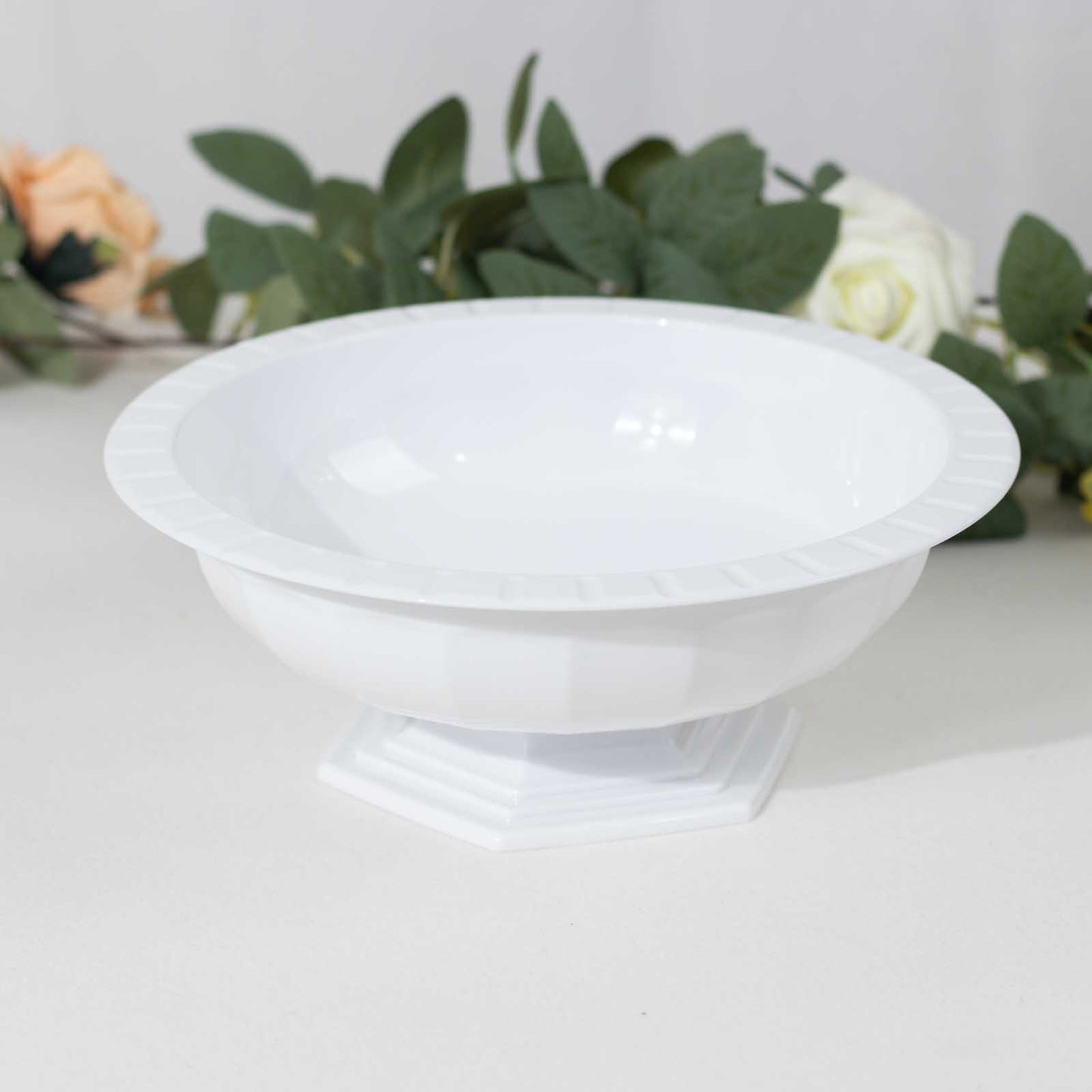 3 Pack White Roman Style Footed Compote Flower Bowl Vase, 10" Round Decorative Plastic Pedestal Vase Table Centerpiece