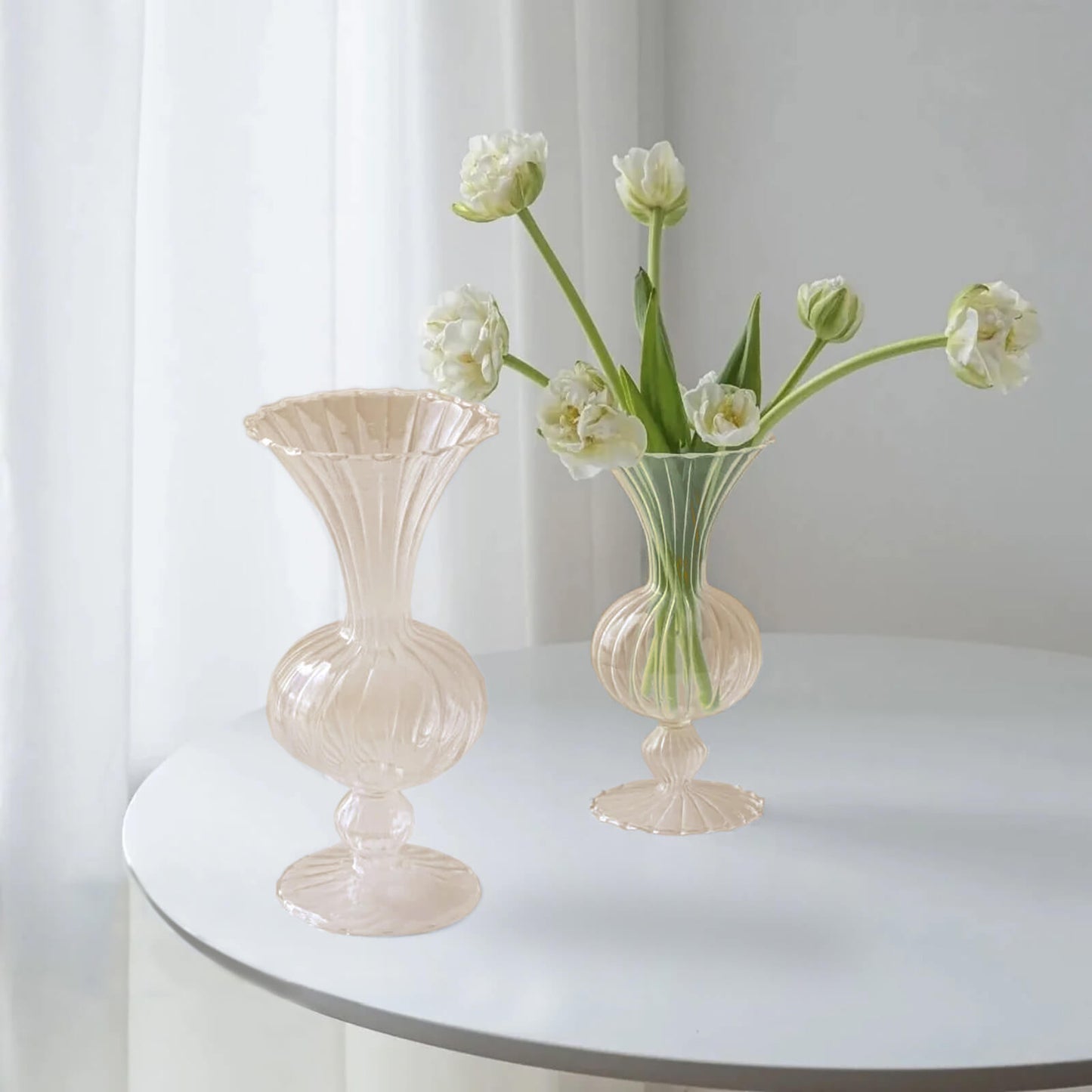 Set of 4 Amber Gold Vintage Nordic Glass Flower Vases with Petals Texture, Transparent Bud Vase Centerpiece Floral Arrangements - 7",9"