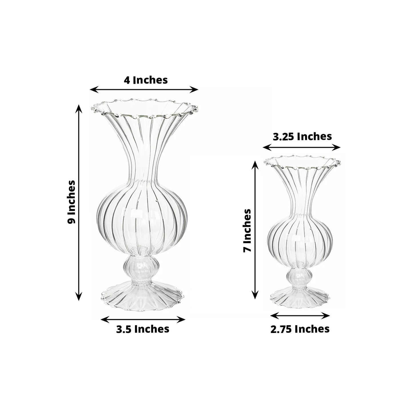 Set of 4 Clear Vintage Nordic Glass Flower Vases with Petals Texture, Transparent Bud Vase Centerpiece Floral Arrangements - 7",9"