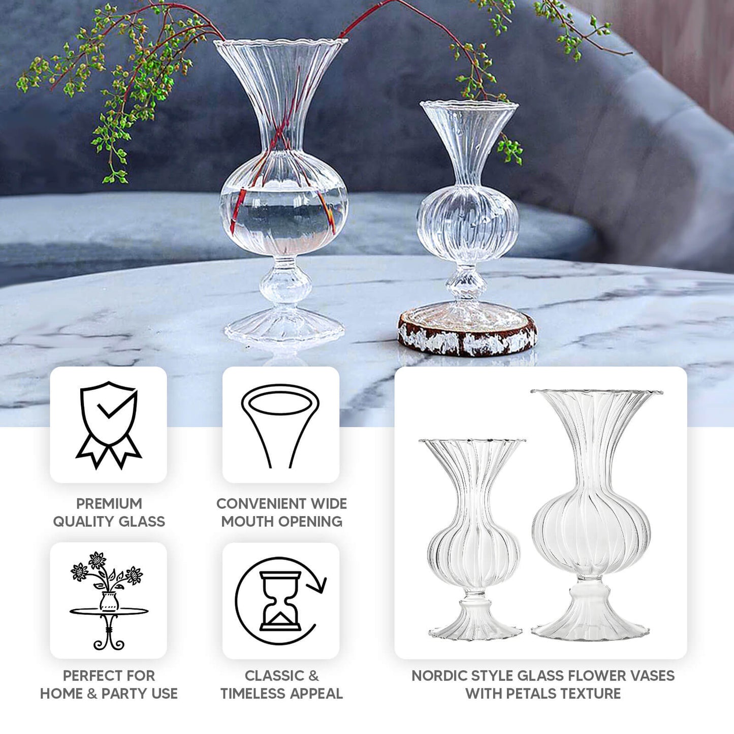 Set of 4 Clear Vintage Nordic Glass Flower Vases with Petals Texture, Transparent Bud Vase Centerpiece Floral Arrangements - 7",9"